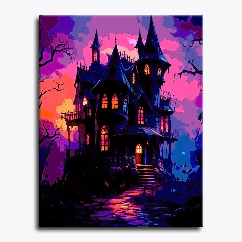 Haunted house with colorful sky in a painting style