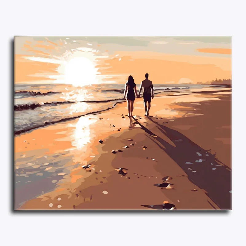 Painting of a couple walking on a beach at sunset