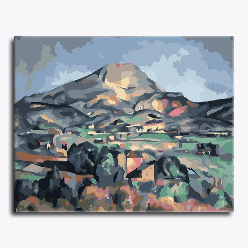 Painting of a mountain landscape with animals in a field