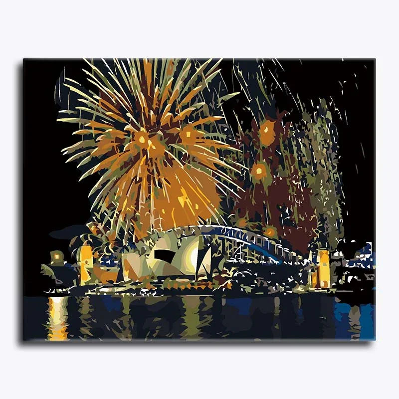 Fireworks over a bridge with a boat at night