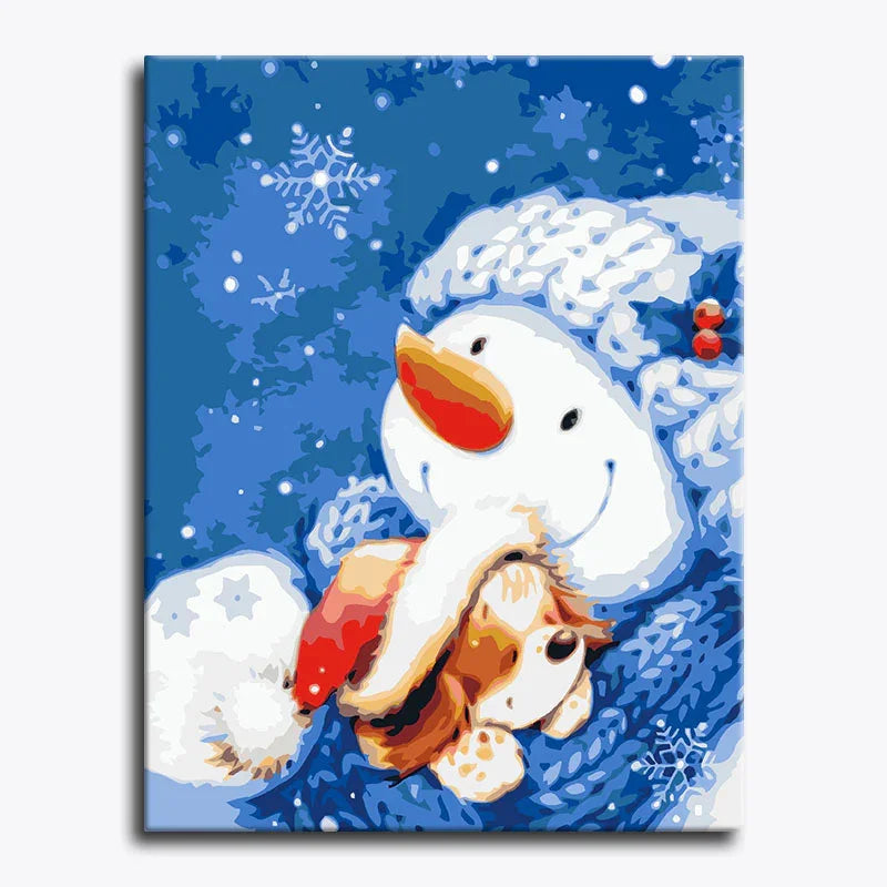 Paint-by-number kit with a duck and snowman design on a blue background