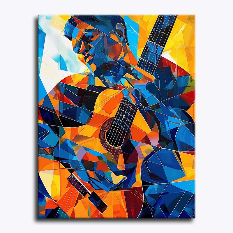 Colorful abstract guitar painting with geometric patterns