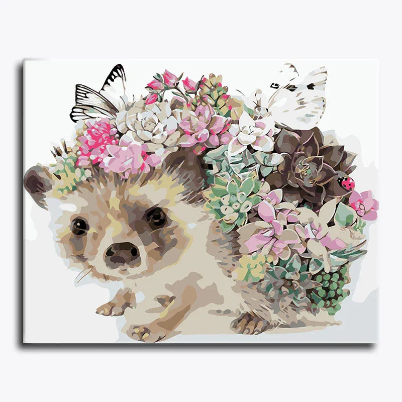 Illustration of a hedgehog surrounded by flowers and butterflies on a white background