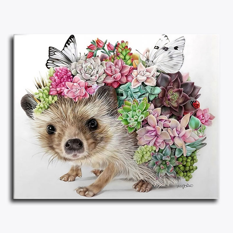 Illustration of a hedgehog surrounded by flowers and butterflies on a white background
