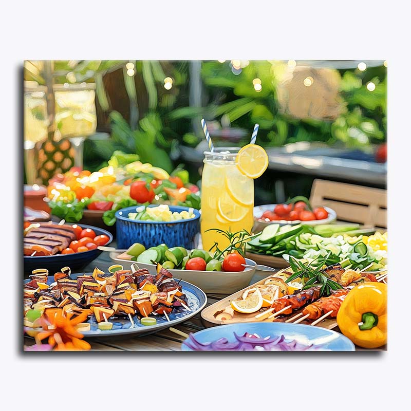 Outdoor setting with a table full of colorful food including skewers, vegetables, and drinks.
