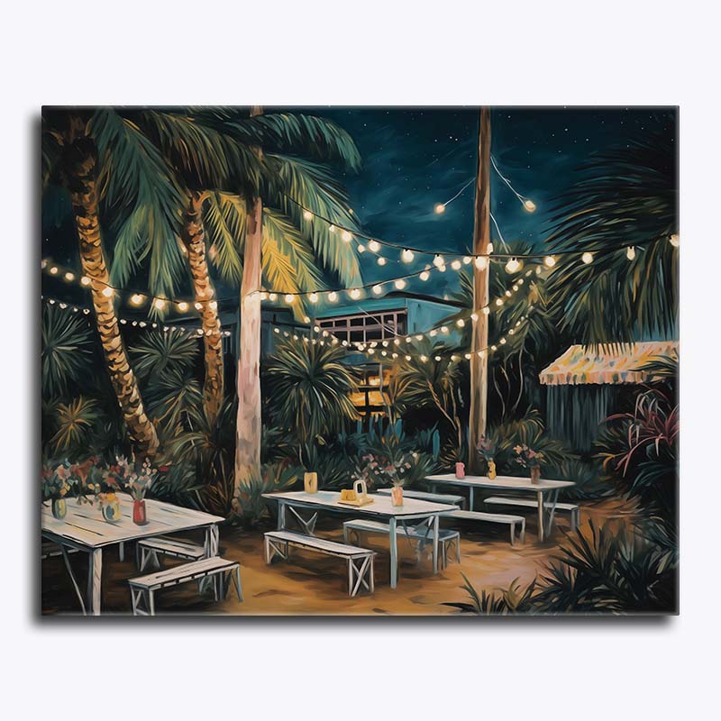 Painting of an outdoor evening scene with palm trees, string lights, and people around tables.