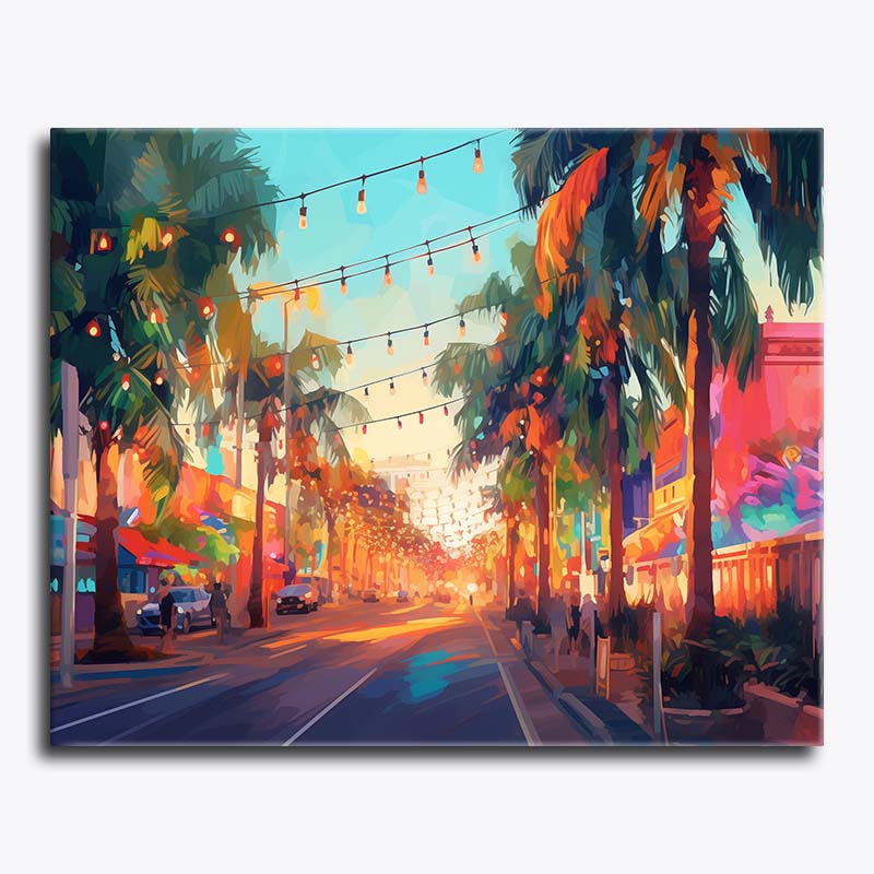 Colorful street scene with palm trees and string lights