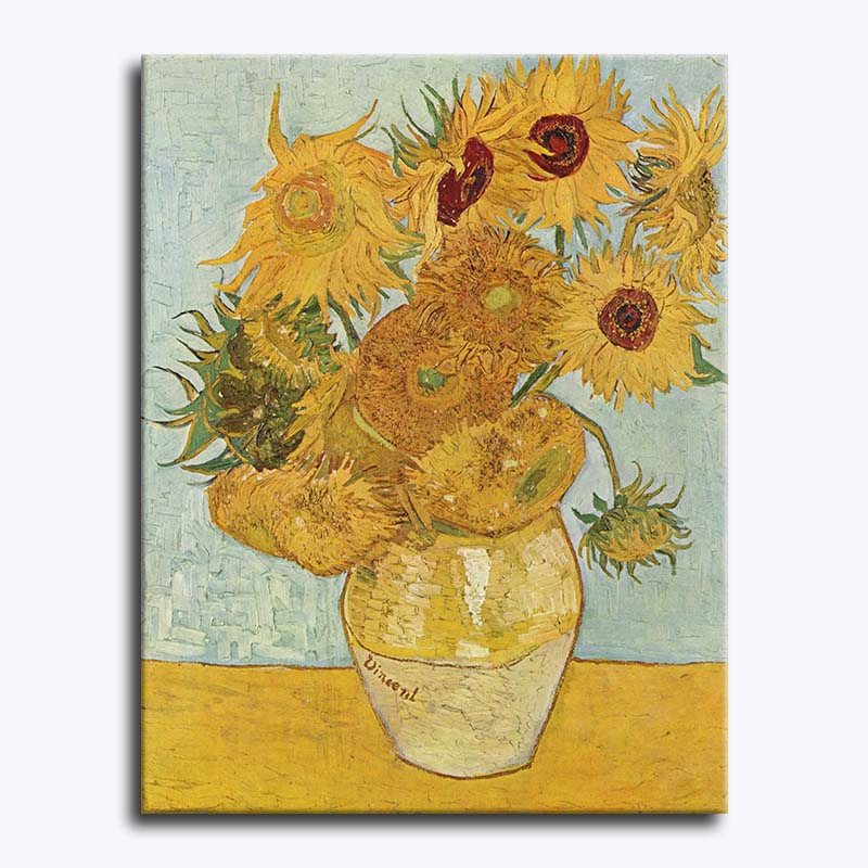 Painting of sunflowers in a vase on a textured surface