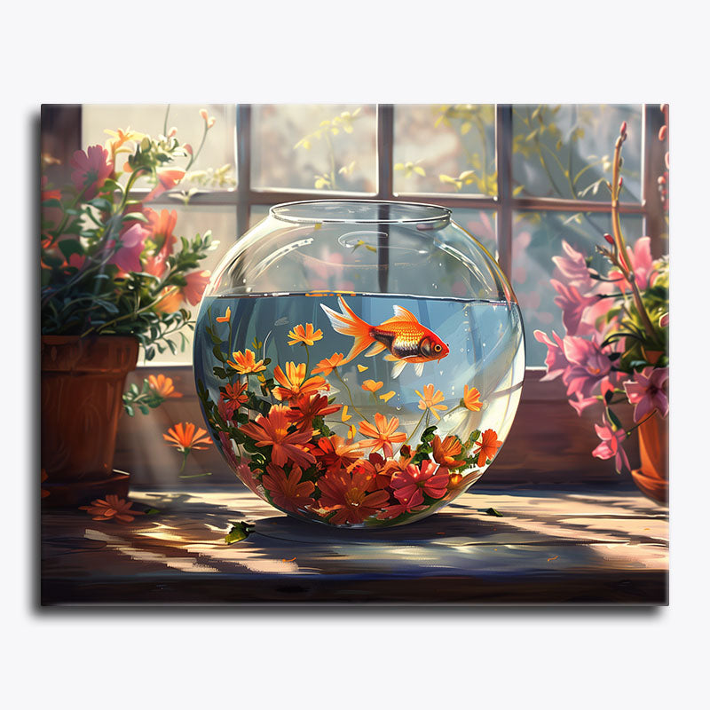 Decorative painting of a fishbowl with goldfish and flowers, placed on a windowsill with plants.