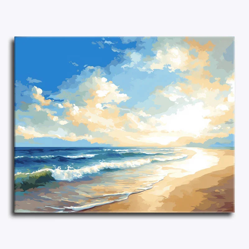 Painting of a beach scene with blue sky, clouds, and ocean waves.