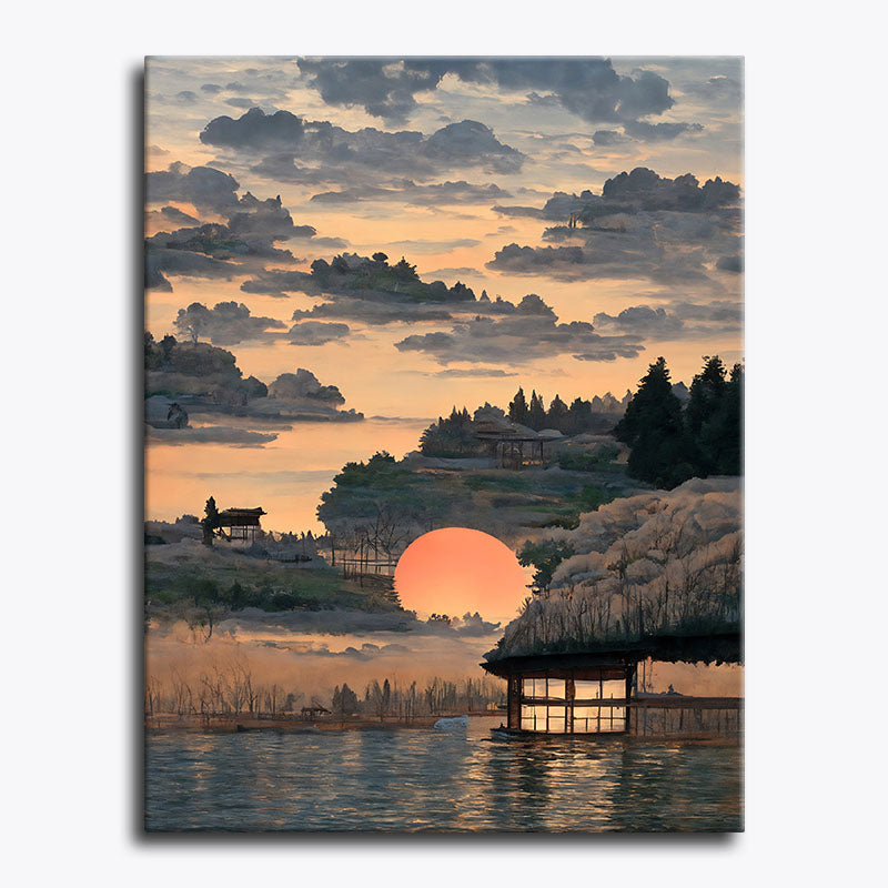 Surreal landscape with a large orange sun, clouds, and a house on a hill.