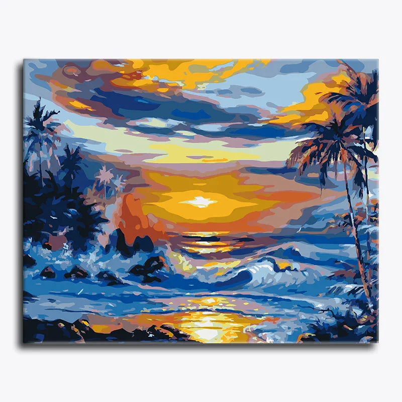 Painting of a sunset over water with palm trees