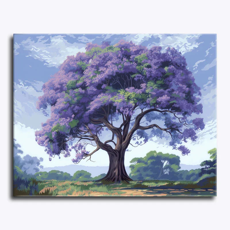 Painting of a large tree with purple flowers against a blue sky
