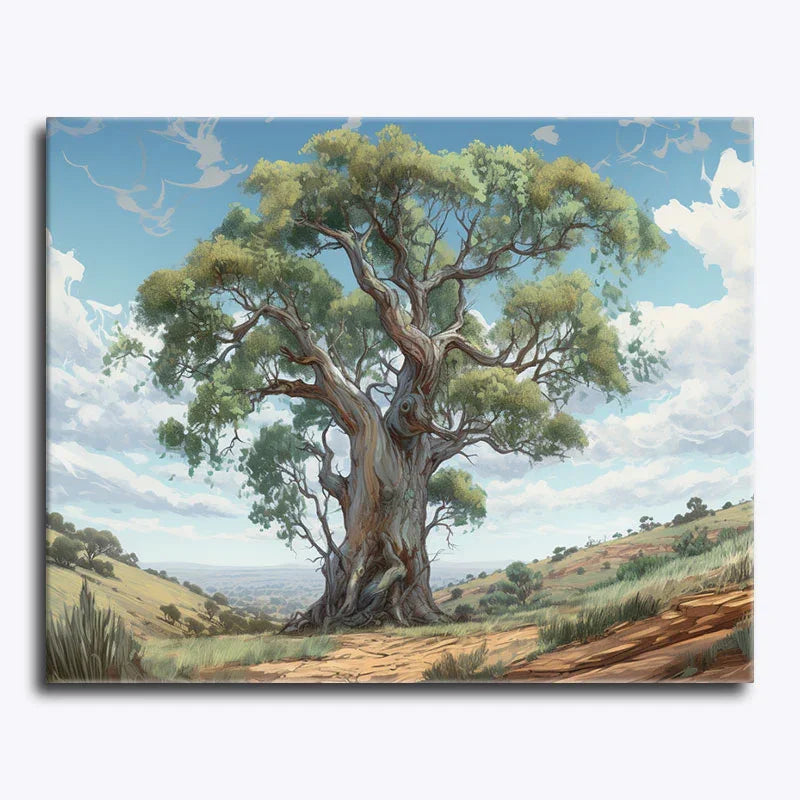 Painting of a large tree in a landscape with a blue sky and clouds.