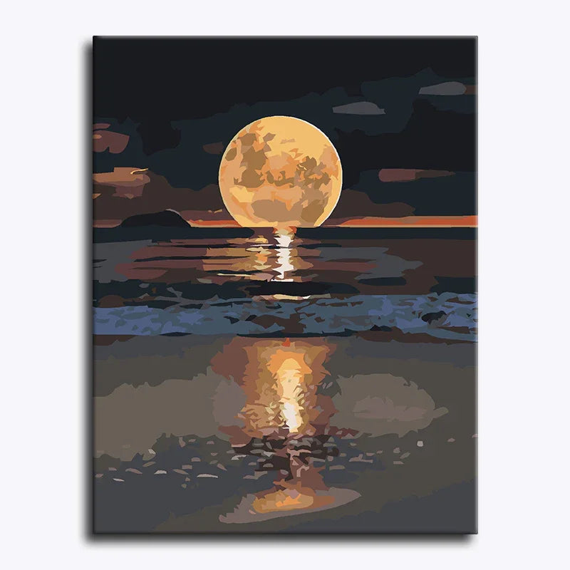 Surreal artwork of a large moon reflected in water with a dark sky.