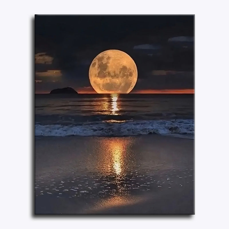 Surreal artwork of a large moon reflected in water with a dark sky.