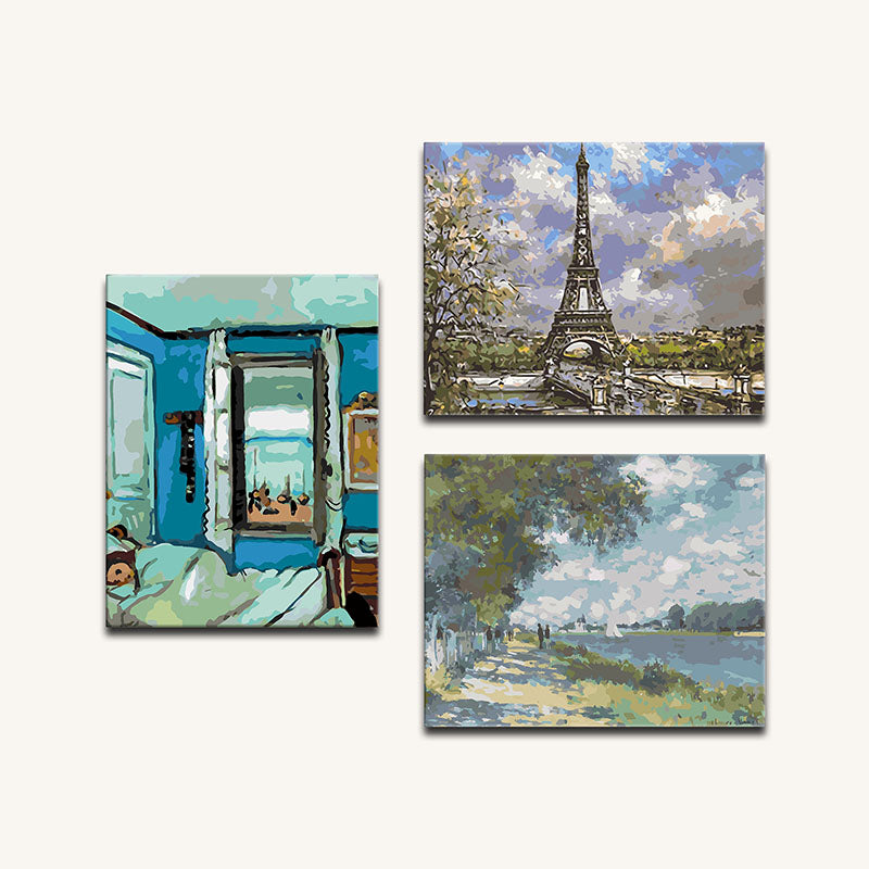 Set of three paintings featuring interior, Eiffel Tower, and landscape scenes.