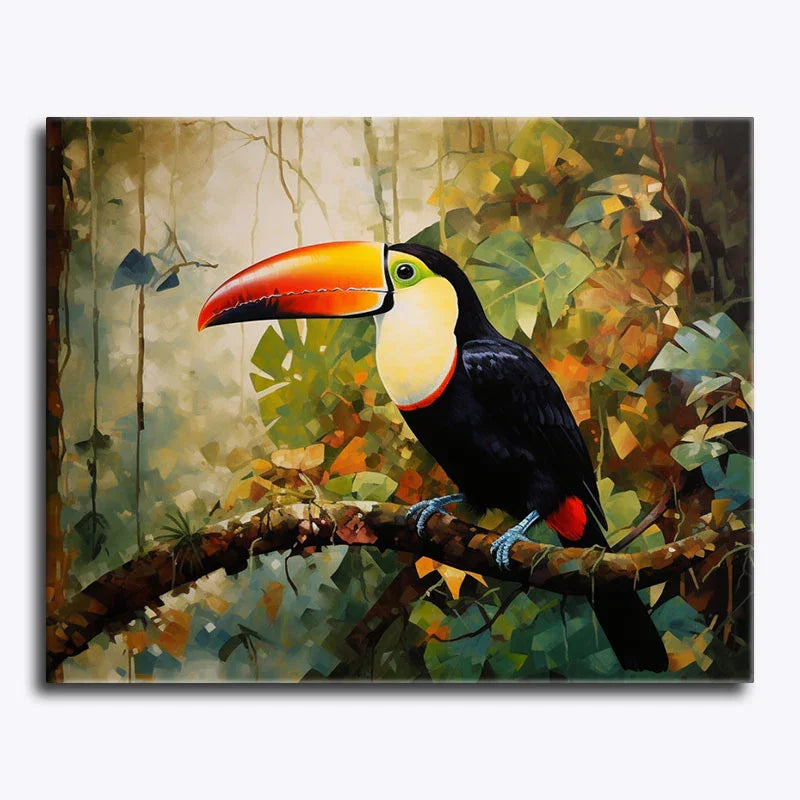 Painting of a toucan bird perched on a branch with a forest background