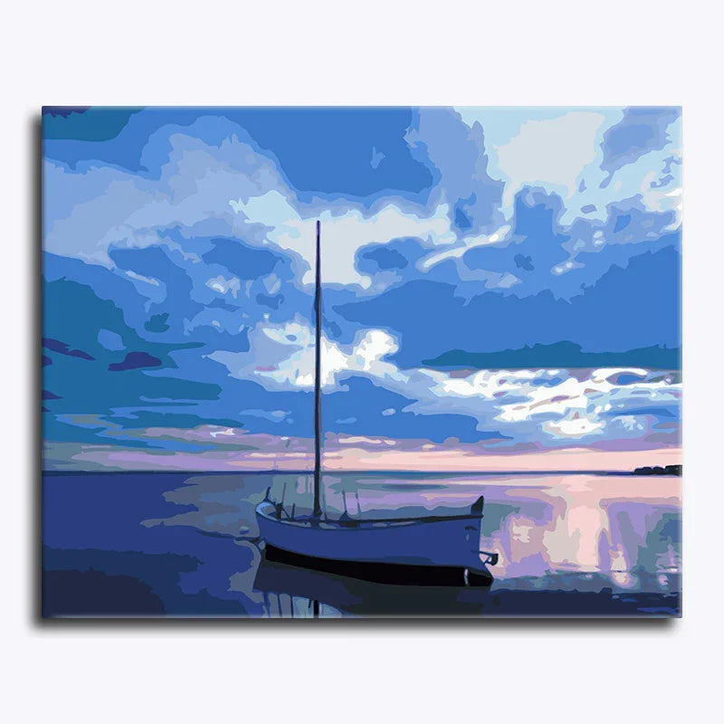 Painting of a boat on water with a colorful sky