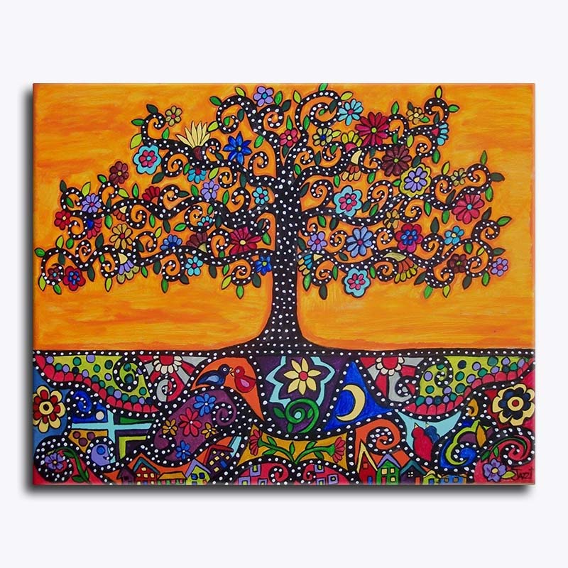 Colorful abstract painting of a tree with flowers and animals on a wooden panel.