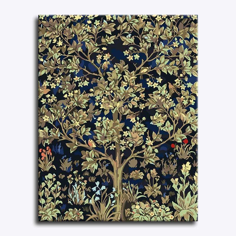 Decorative wall art with a tree and floral design on a dark background