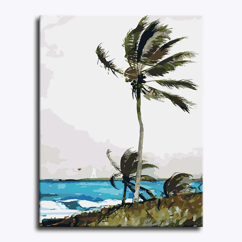 Painting of a palm tree by the ocean with a white sailboat in the background.