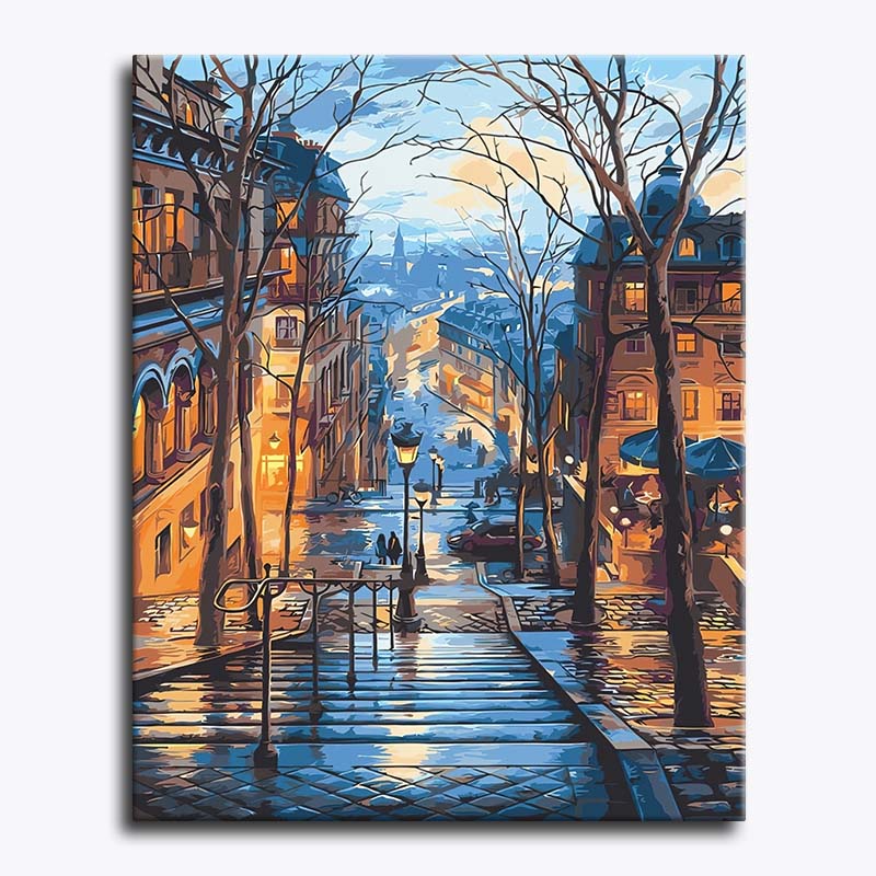 Painting of a city street at night with illuminated buildings and people walking.