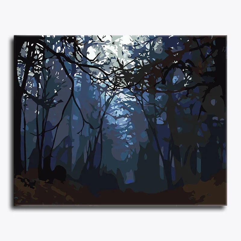 Dark forest scene with trees and moonlight