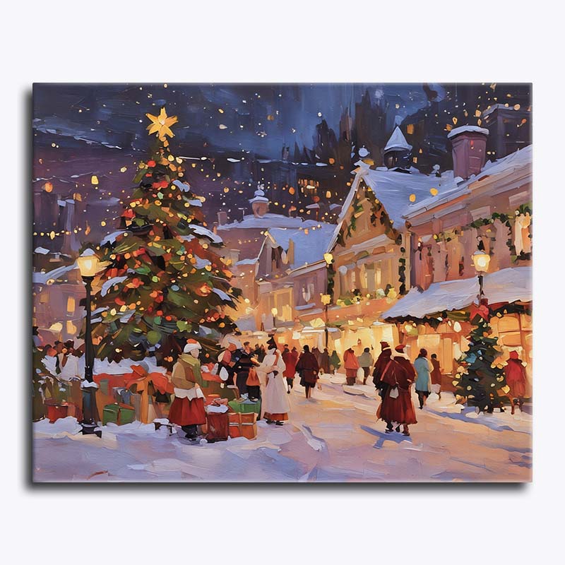 A festive winter village scene with a large decorated Christmas tree, glowing street lamps, snow-covered houses, and people shopping and gathering under falling snow at night.