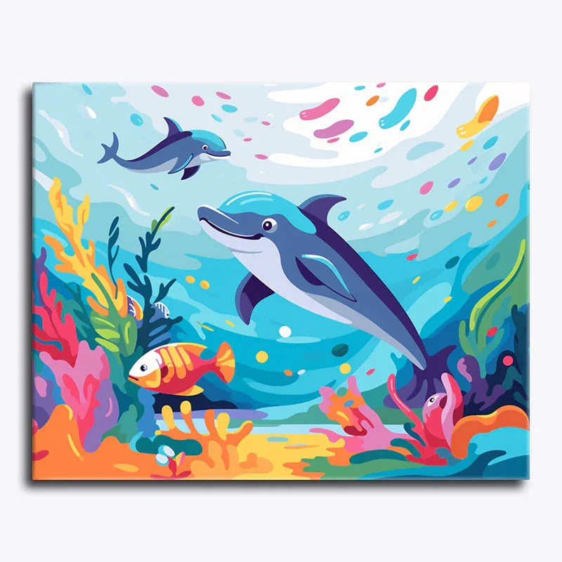 Colorful underwater scene with dolphins and fish on a canvas.