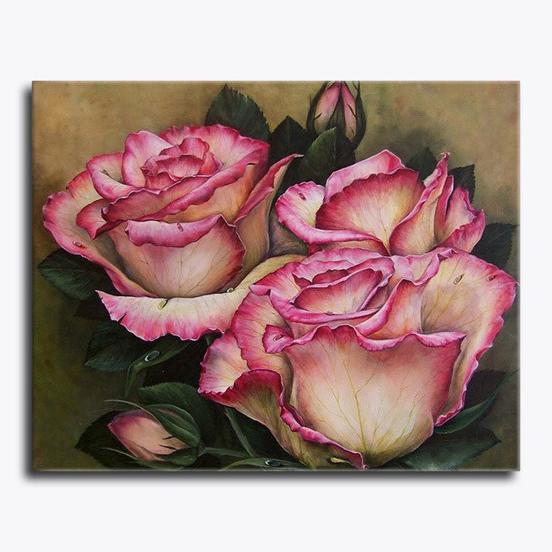 Painting of two pink roses on a brown background