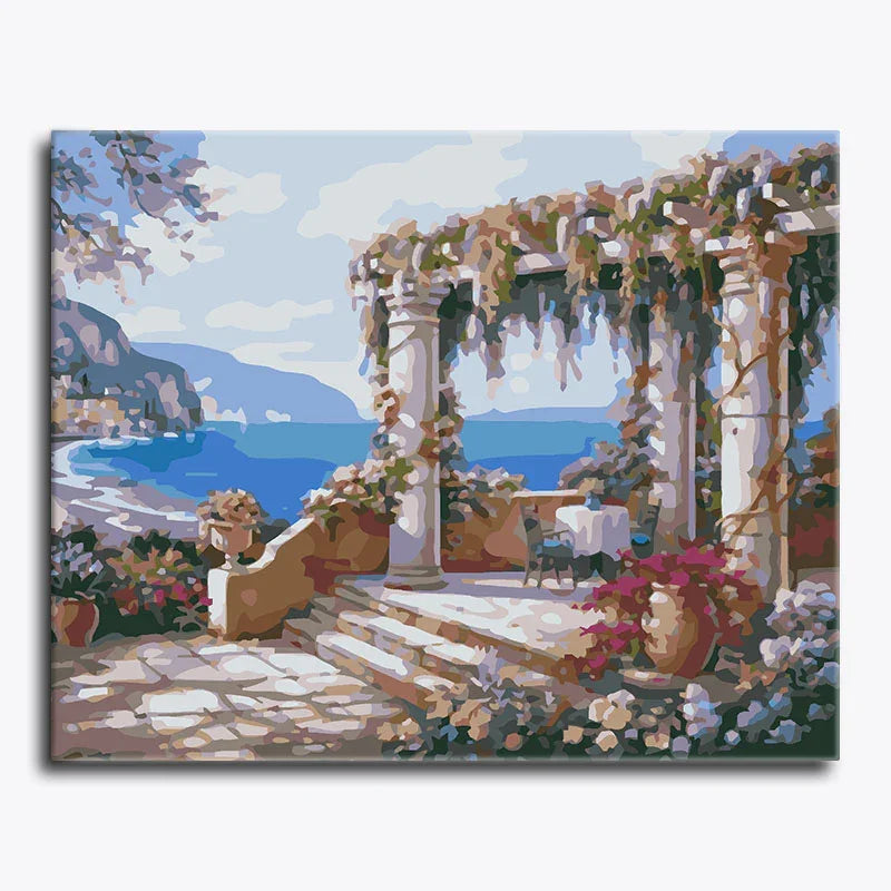 Painting of a scenic outdoor setting with an arch, flowers, and a view of the sea.