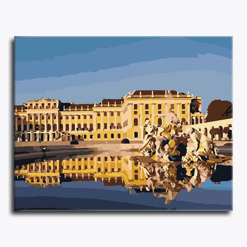 Canvas print of a classical building with a fountain and reflection on water