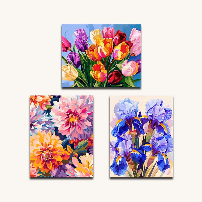 Set of four colorful floral paintings on a white background