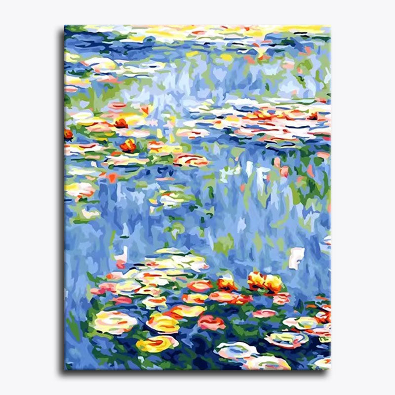 Painting of water lilies on a blue pond with swans