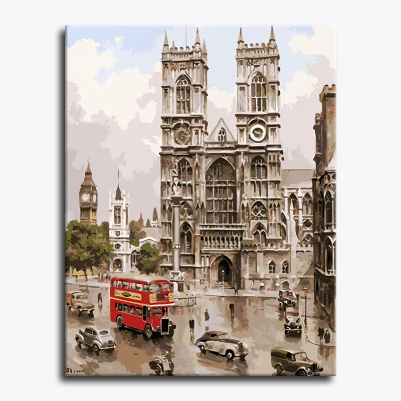 Painting of a cityscape with a large cathedral and red double-decker bus.