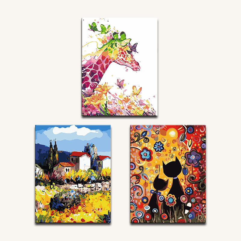 Three colorful paintings of giraffes and landscapes on a white background