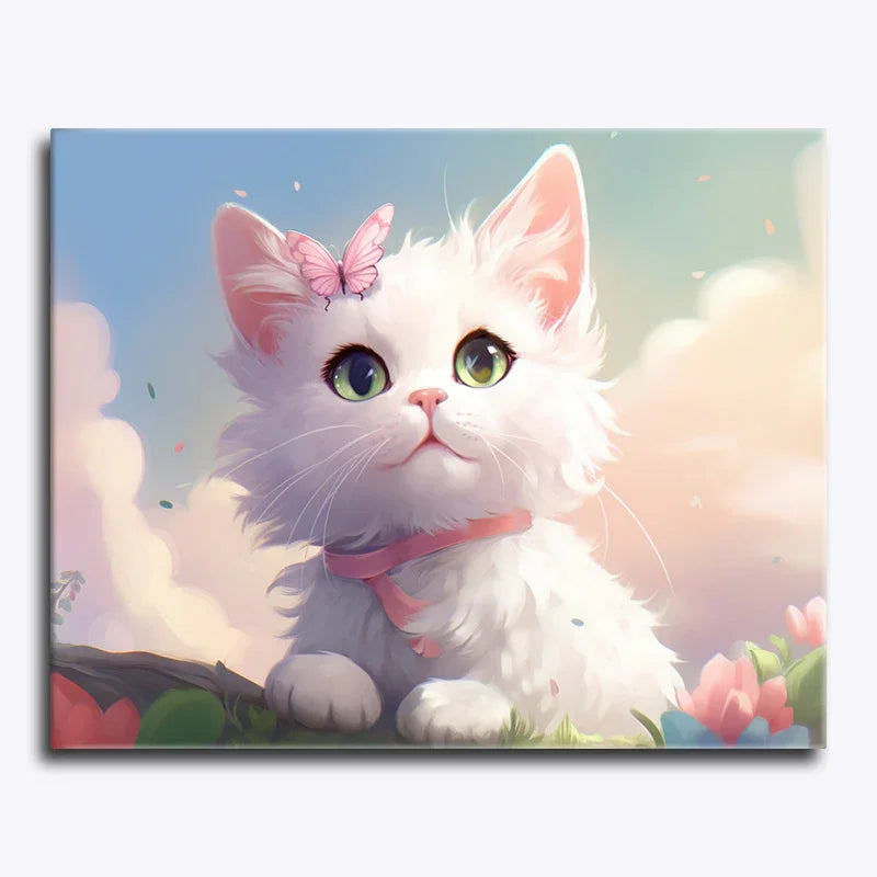 Illustration of a white cat with a pink bow in a dreamy setting