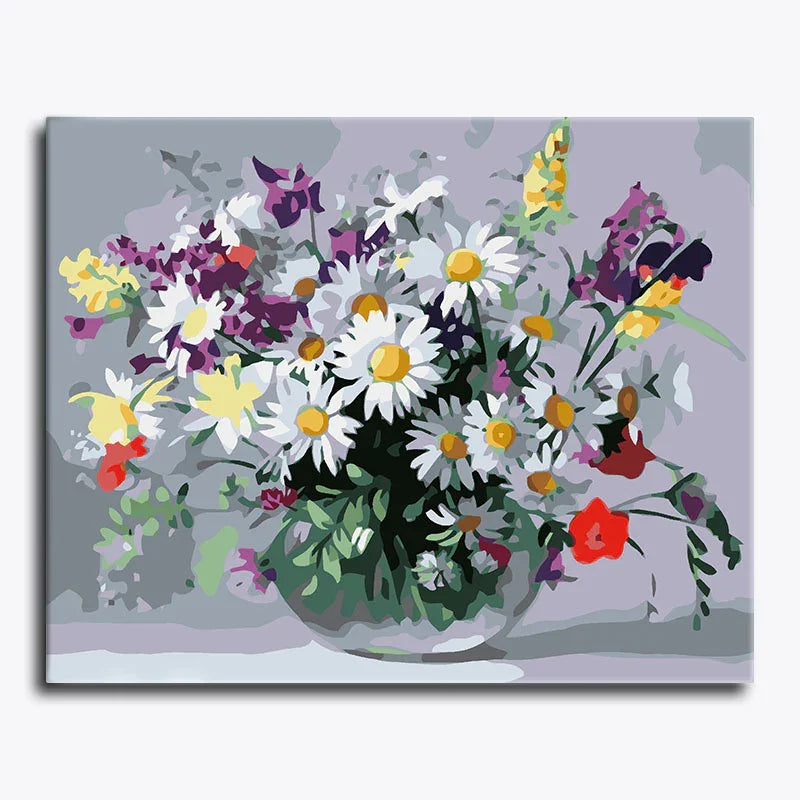 Canvas print of a colorful bouquet of flowers on a gray background