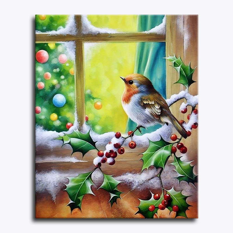 Christmas robin perched on snow-covered holly branches by a glowing window with festive decorations – paint by numbers canvas.