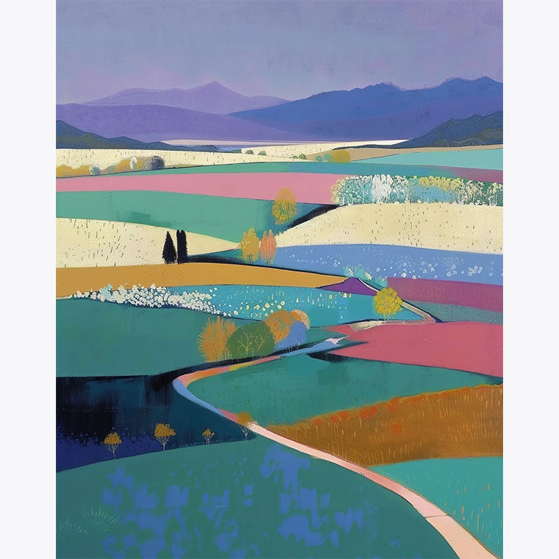 Close-up detail of colourful patchwork fields and flowing valley shapes in stylised paint by numbers artwork.