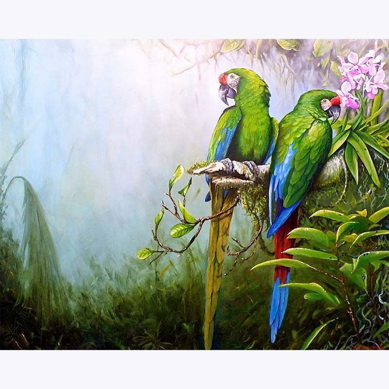Close-up detail of emerald parrots with blue wings and red accents in a tropical paint by numbers artwork.