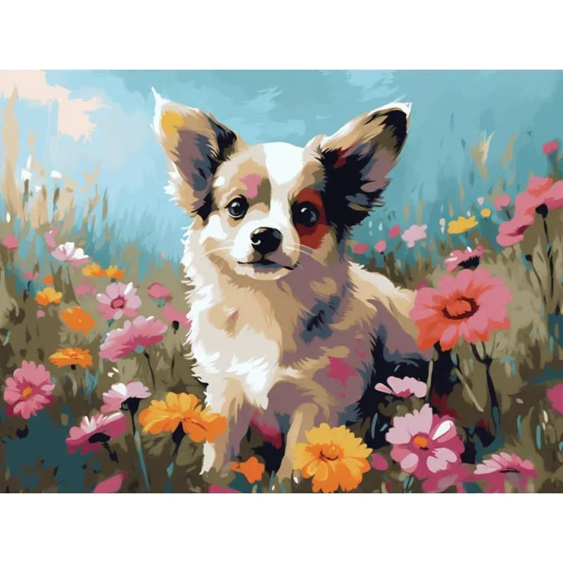 Puppy in a Blooming Meadow – Paint by Numbers - My Store