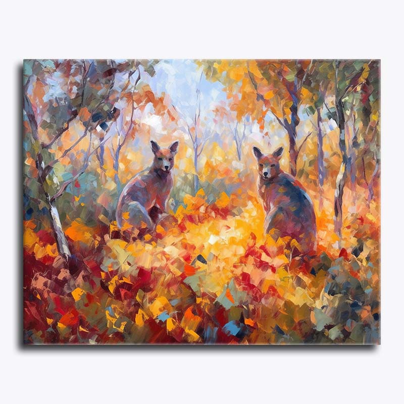 Painting of two kangaroos in a forest with autumn colors