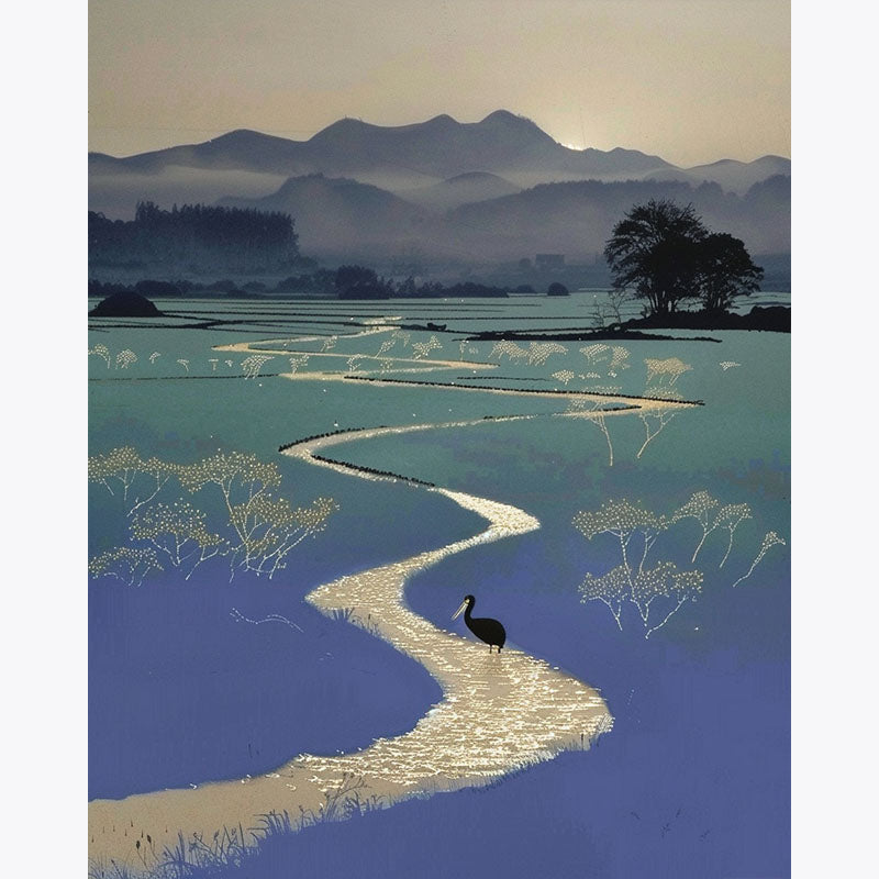 Close-up detail of flowing moonlit stream curves and silhouetted bird in a stylised paint by numbers design.