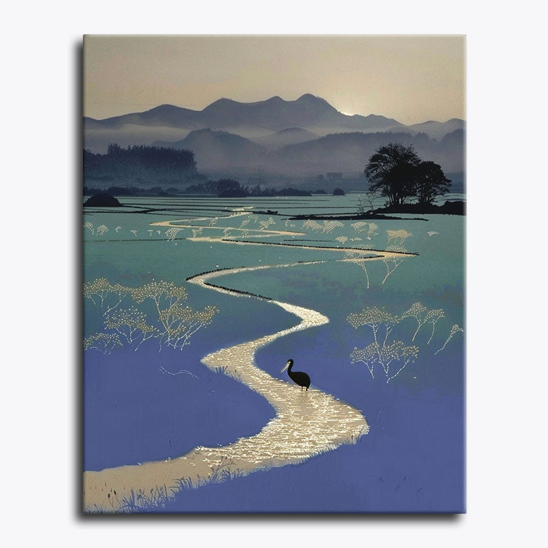 Stylised twilight landscape with a lone bird standing in a winding stream beneath misty hills – paint by numbers canvas.