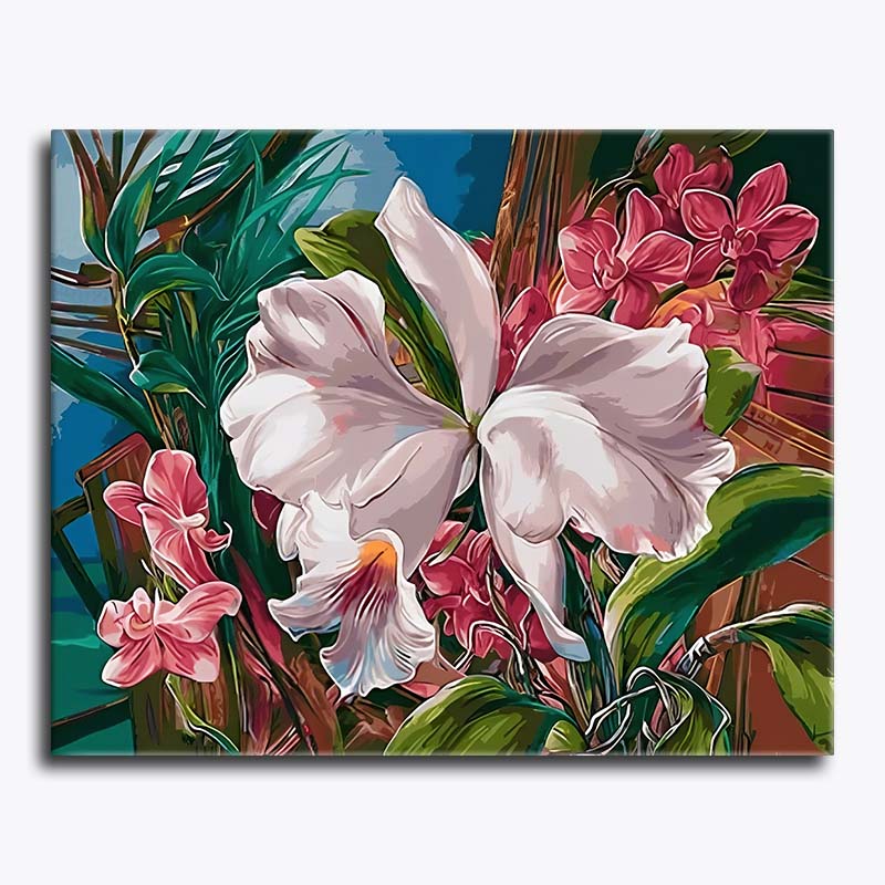 Colorful floral painting with white and pink orchid and green leaves.
