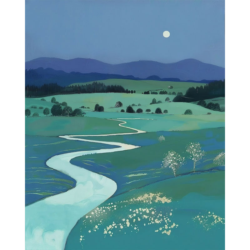Close-up detail of the winding river curve and layered blue-green fields in a stylised paint by numbers artwork.