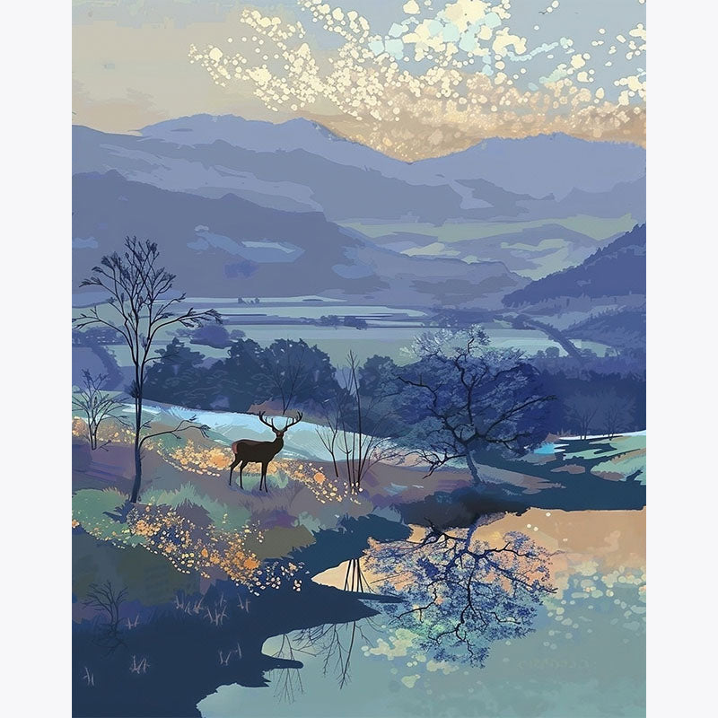 Close-up detail of the deer silhouette and calm water reflections in a stylised paint by numbers artwork.