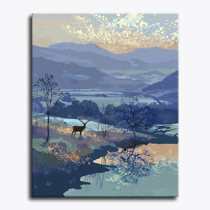Serene twilight landscape with a lone deer standing beside still water and distant blue hills – paint by numbers canvas.